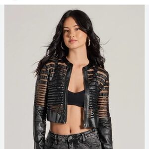 YOKI Stylish Black Women's Mesh & Faux Leather Full Zip Cropped Jacket Sz XL